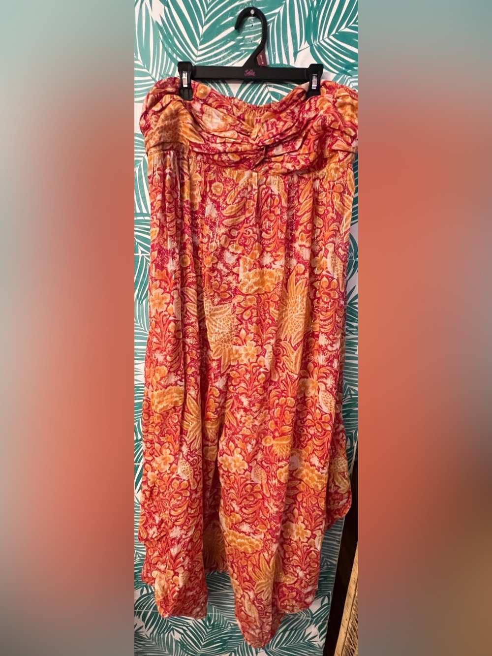 Anthropologie Pink& Orange harem strapless jumpsuit paisley floral metallic szL